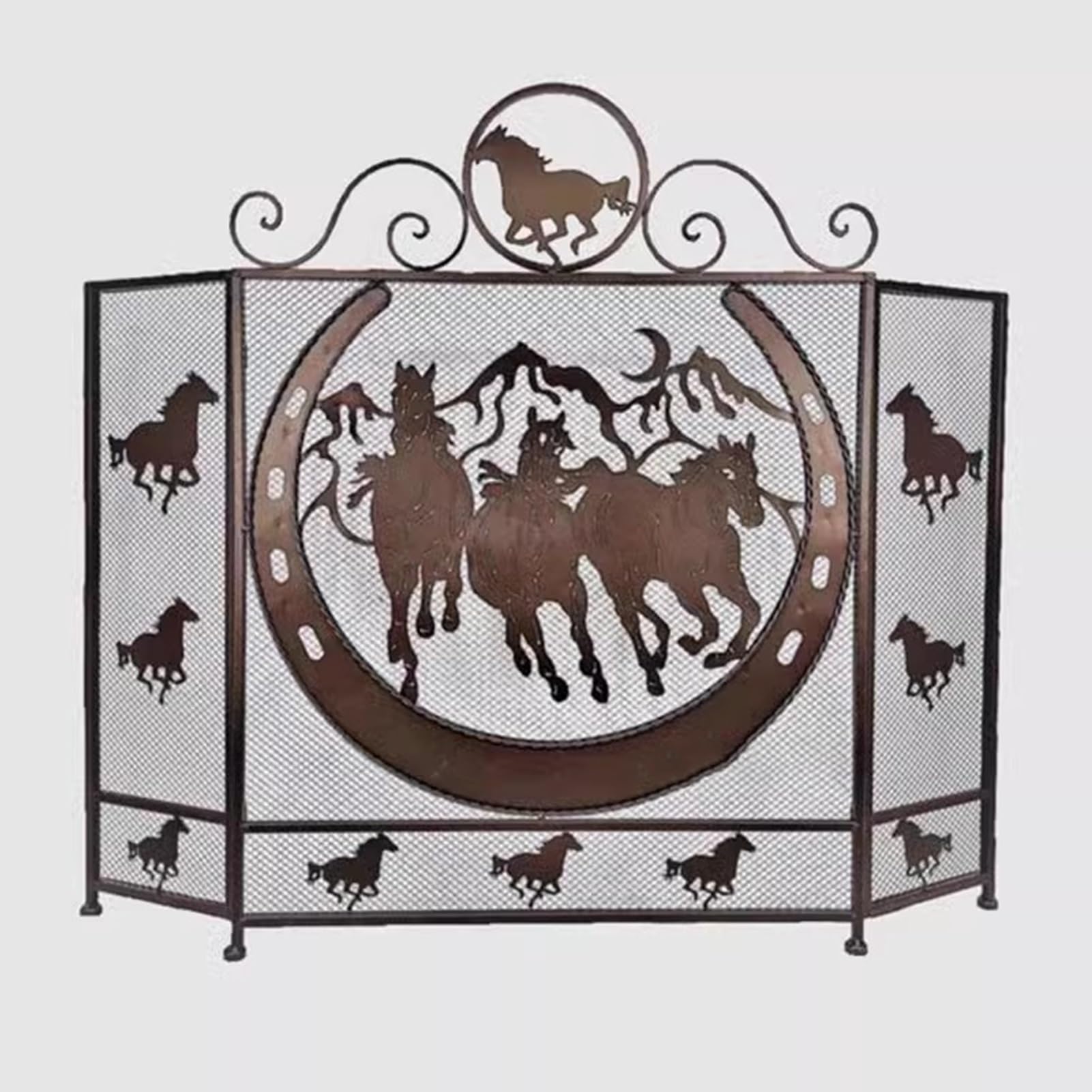Salvachispas Chimenea Malla Protectora Plegable de 3 Paneles para Estufa de Leña, Puerta Protectora Plegable para Chimenea con Diseño de Caballos, Barrera Protectora de Hierro Forjado para Chimenea