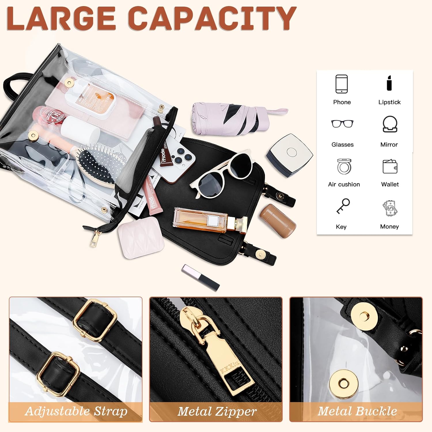 KKXIU Girls Clear Backpack Stadium Approved Transparent PVC Women Clear Bookbag with Leather for Sports Event, Concert (Black) - Image 3