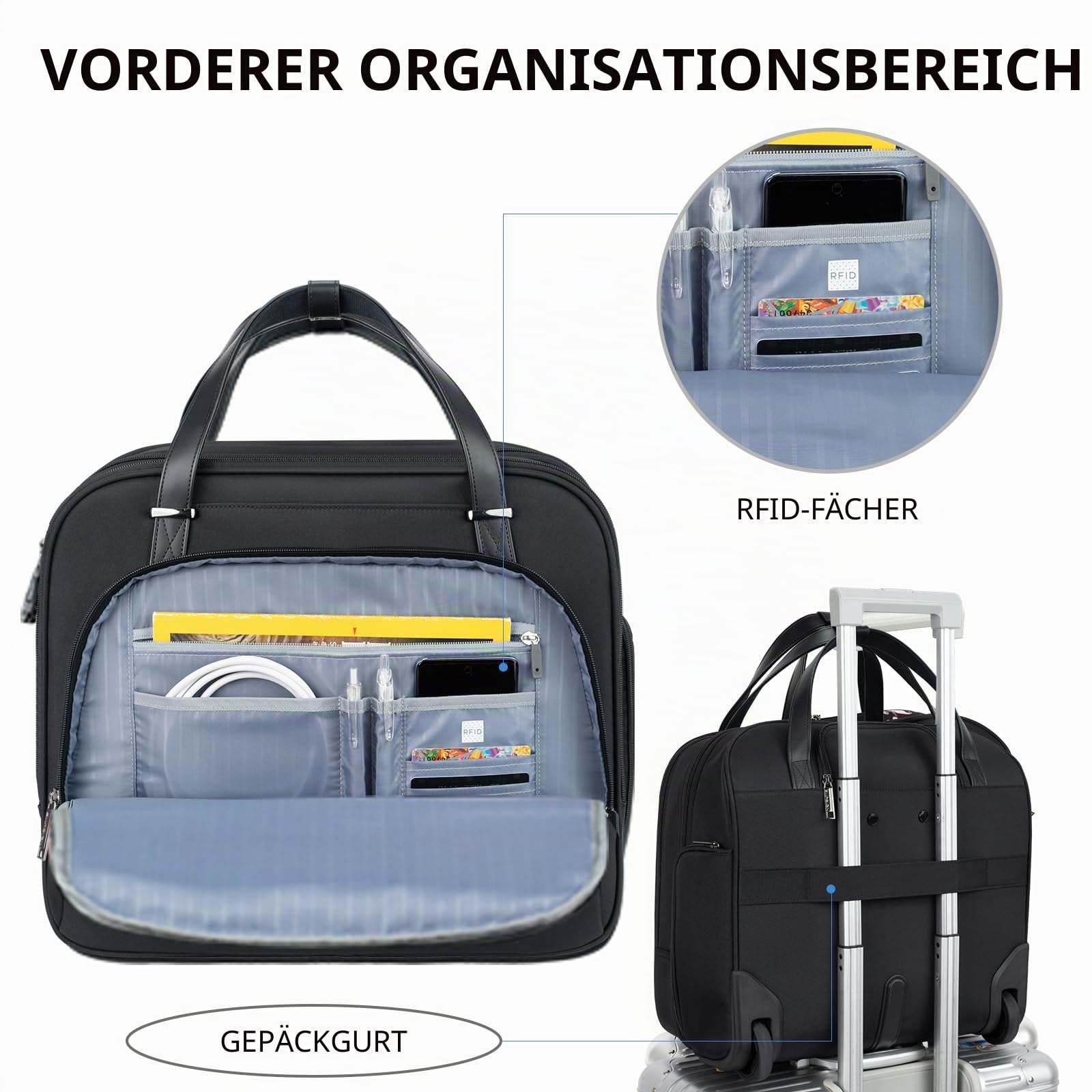 EMPSIGN Trolley Business Rolling Laptop mit Rädern, Rolling Laptoptasche für Frauen passt bis zu 15.6 Zoll Laptop Aktentasche auf Rädern, Wasserabweisende, mit RFID Taschen, schwarz