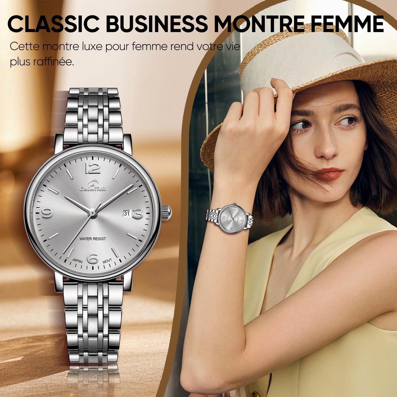 AVTREK Classic Business Reloj Mujer | Correa de acero inoxidable y piel auténtica | 3ATM resistente al agua | VJ12 Japonés Movimiento, Reloj Mujer Barato Calendario, Adecuado para todas las ocasiones