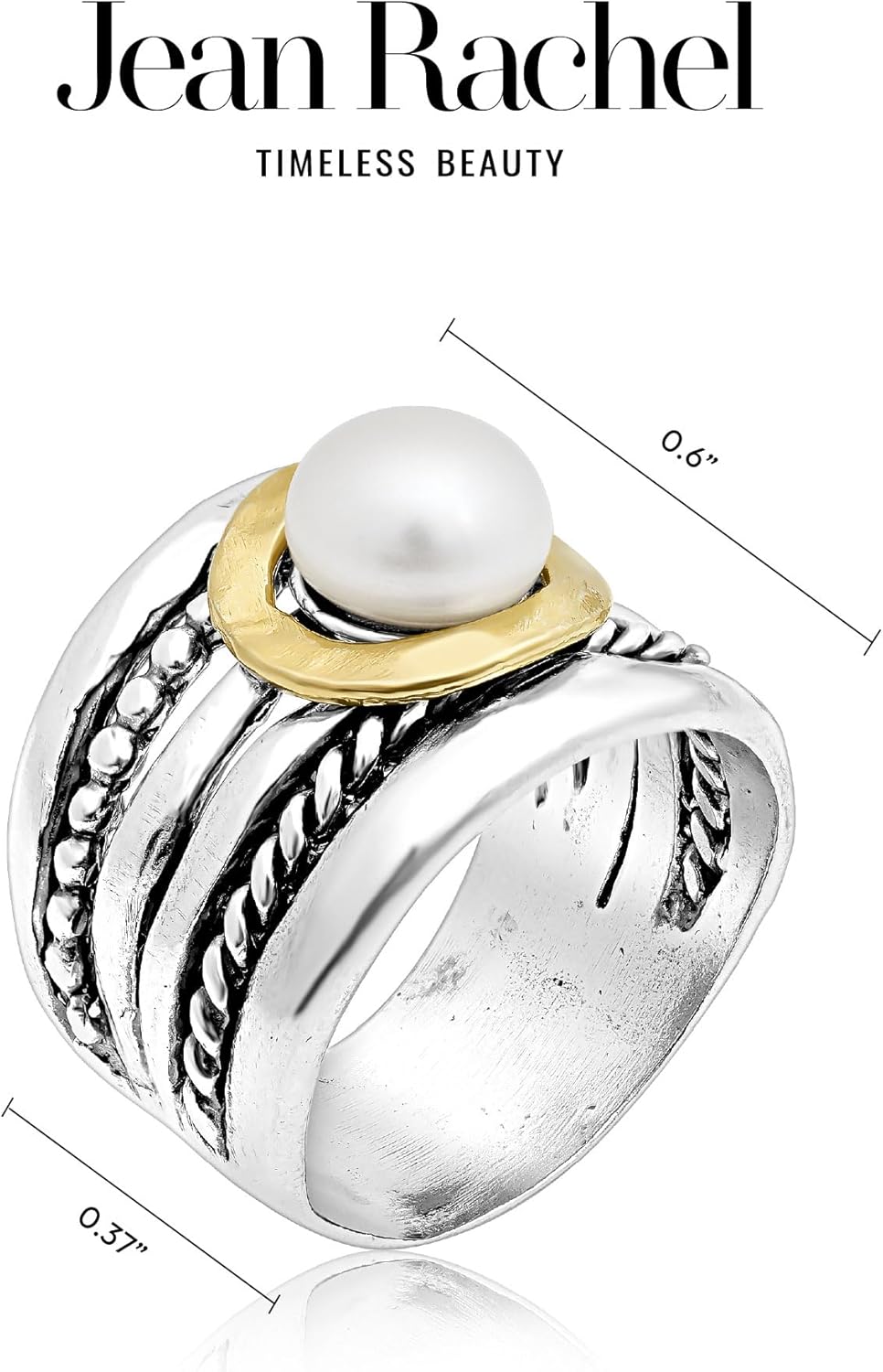 JEAN RACHEL JEWELRY Mixed Metal Two Tone Ring for Women – Pearl Rope Bead – 925 Sterling Silver & 14K Gold Over Silver – Freshwater Pearl Statement Ring – Hypoallergenic Design - Image 8