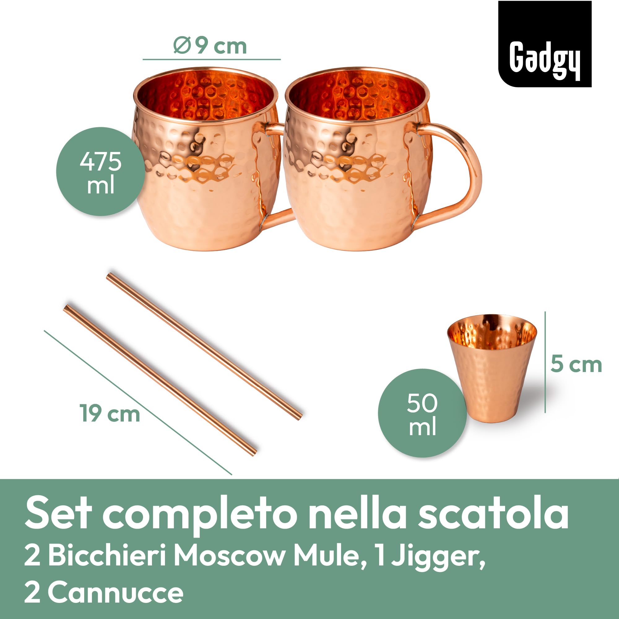 Gadgy Set Moscow Mule in Rame – 2 Tazze Cocktail Fatte a Mano con Cannucce & Misurino – Bicchieri in Rame 100% per Cocktail e Bevande Ghiacciate – Idea Regalo Elegante