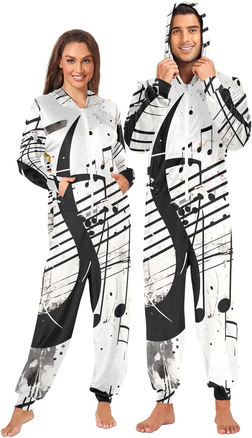 GAIREG Splattered Music Note Adult Onesie Pajamas, Soft Plush One Piece Loungewear for Men Women