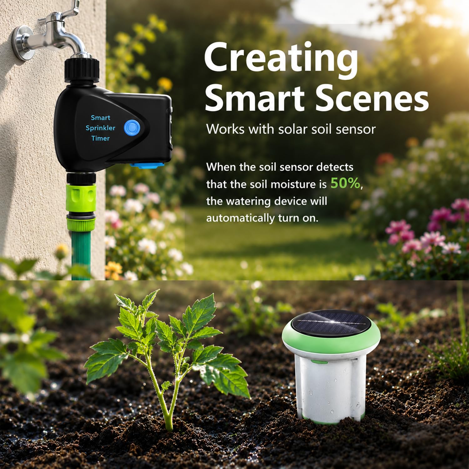 WLAN Bewässerungscomputer: Smart Bewässerungstimer mit Wasserverbrauchsmessung, App-Fernsteuerung, Regenverzögerung, Automatischer Gartenhahn-Timer für Balkon, Garten, Rasen