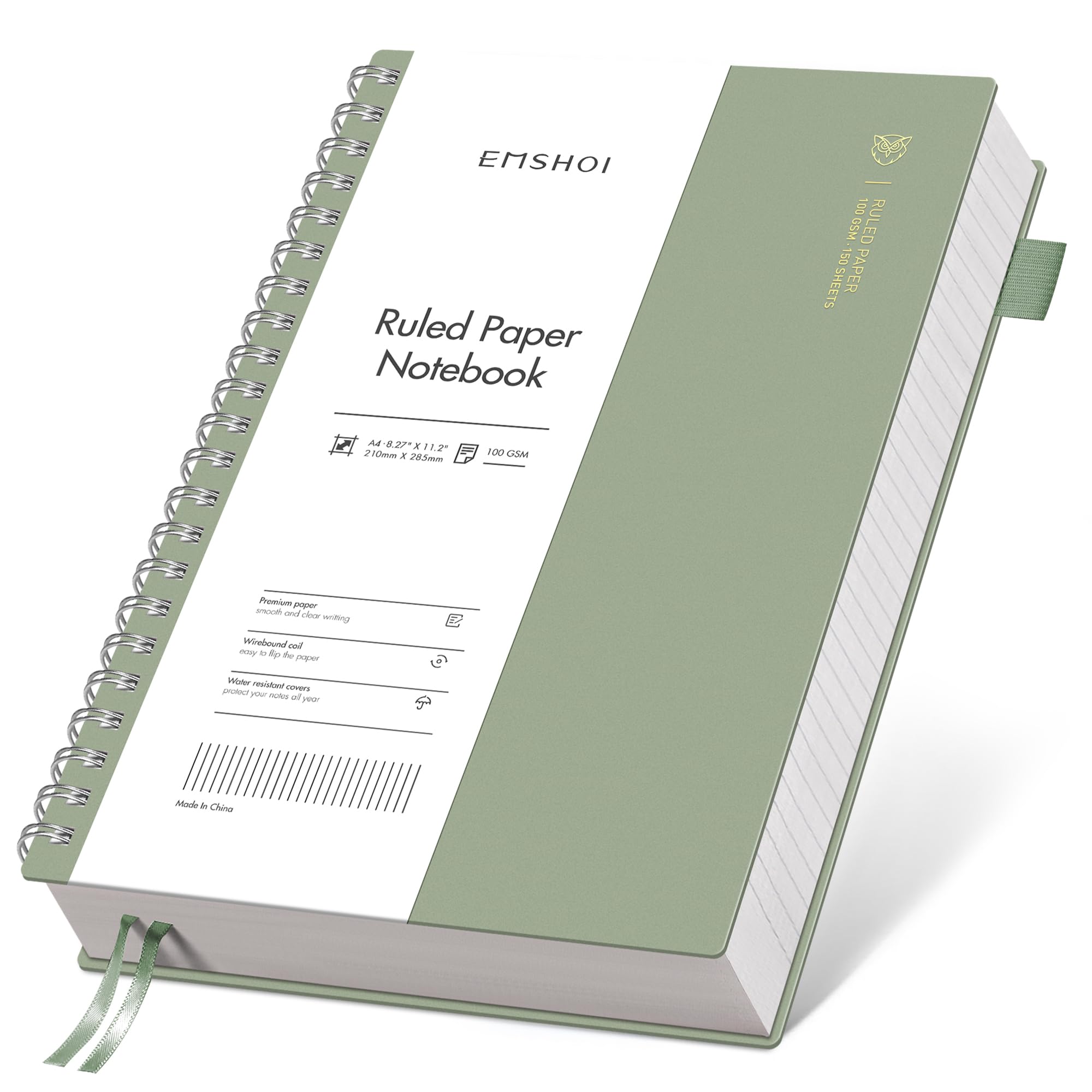 EMSHOI Journal ligné à spirale A4 – Carnet ligné à spirales – 300 pages/150 feuilles – Papier 100 g/m² sans acide – Carnet de notes imperméable à couverture souple pour l'école, le travail et