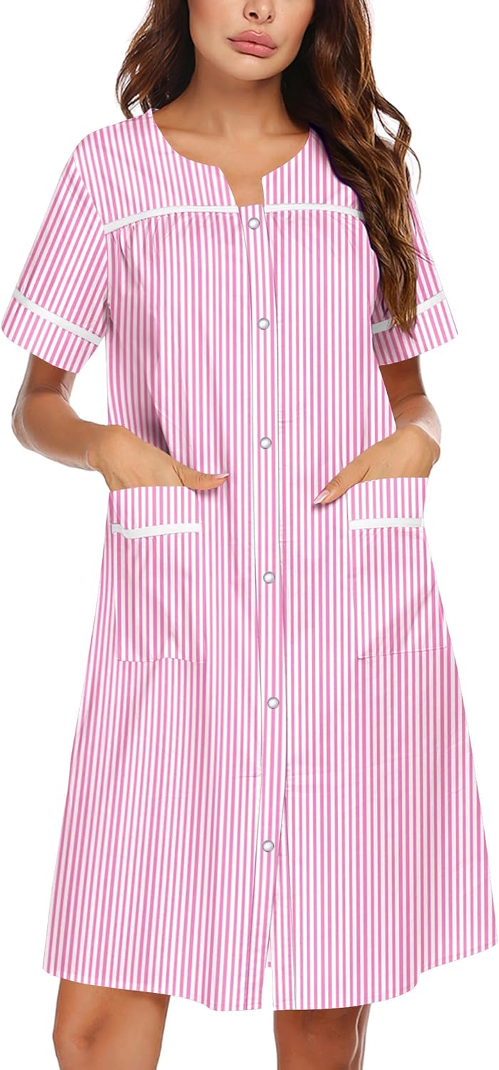 Ekouaer Nightgowns for Women House Dress with Pockets Snap Front House Coat Short Sleeve Duster Moo Moos Sleepwear S-3XL