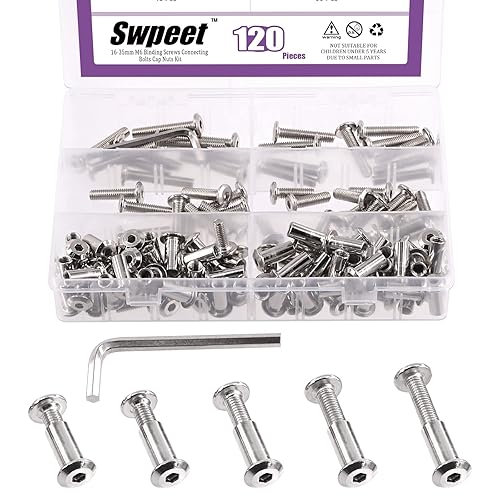 Vista 8 de Swpeet Juego de 25 tornillos de fijación plateados chapados en níquel M6x25mm, tornillos hexagonales, tuercas de barril con 1 llave Allen, poste