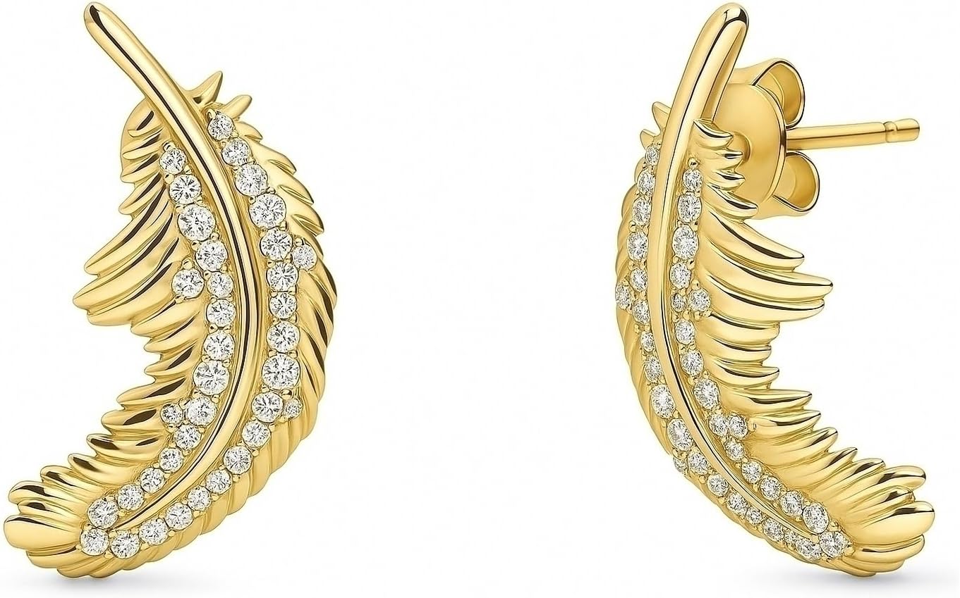 BERRICLE Sterling Silver Feather Stud Earrings for Women, Cubic Zirconia CZ