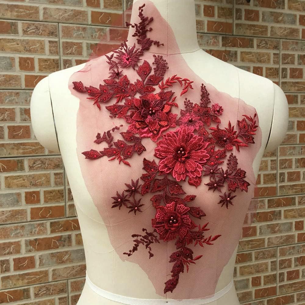 1 Pair 3D Flowers Three-Dimensional Beaded Lace Applique Costume Evening Dress Clothing DIY Accessories (Color B)