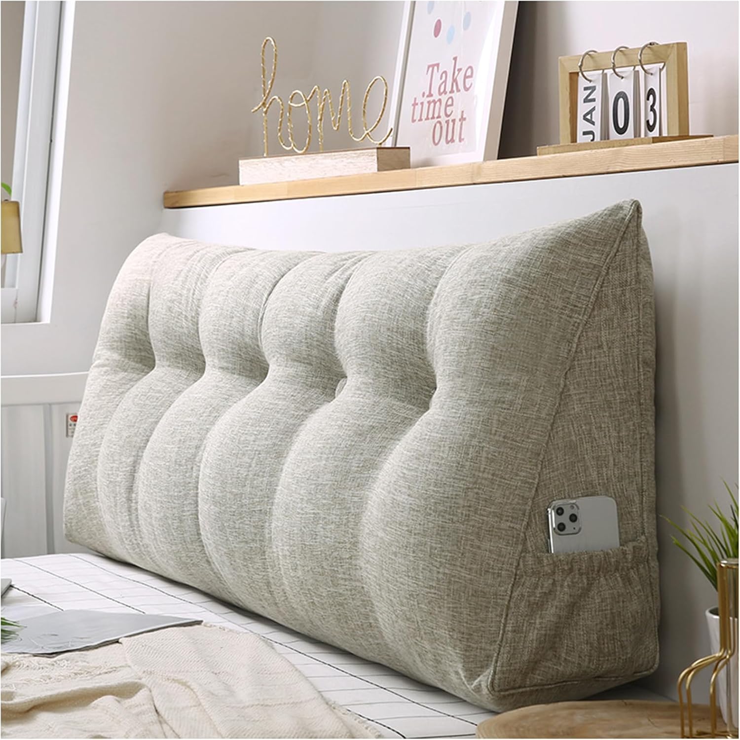Triangular Wedge Pillow, Headboard with Side Pocket Large Bolster Cushion, Triangular Wedge Pillow for Headboard, Back Support Cushion,G,180cm