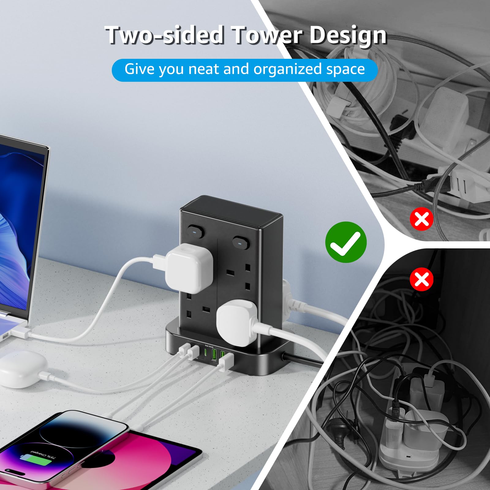 Tower Extension Lead, 8 Way Multi Plug Tower with 6 USB Ports, 1.8M Extension Cable with 4 Independent Switches, Overload Protection Plug Extension Socket 13A 3250W Power Strip Tower for Home Office — view 5