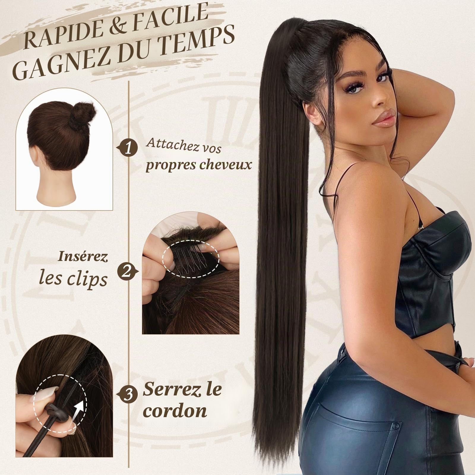 BARSDAR Queue de Cheval Extension avec Cordon, 86cm Longue Raides Queue de Cheval Extension Cheveux Synthétique Faux Ponytail Postiche Clip in Ponytail pour Femmes Quotidienne - Brun Foncé