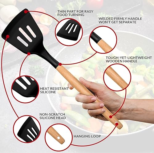 Miniatura 4 de E-far - Juego de 12 utensilios de cocina de silicona con soporte, antiadherentes y resistentes al calor, incluye espátula, pinzas, cucharón,