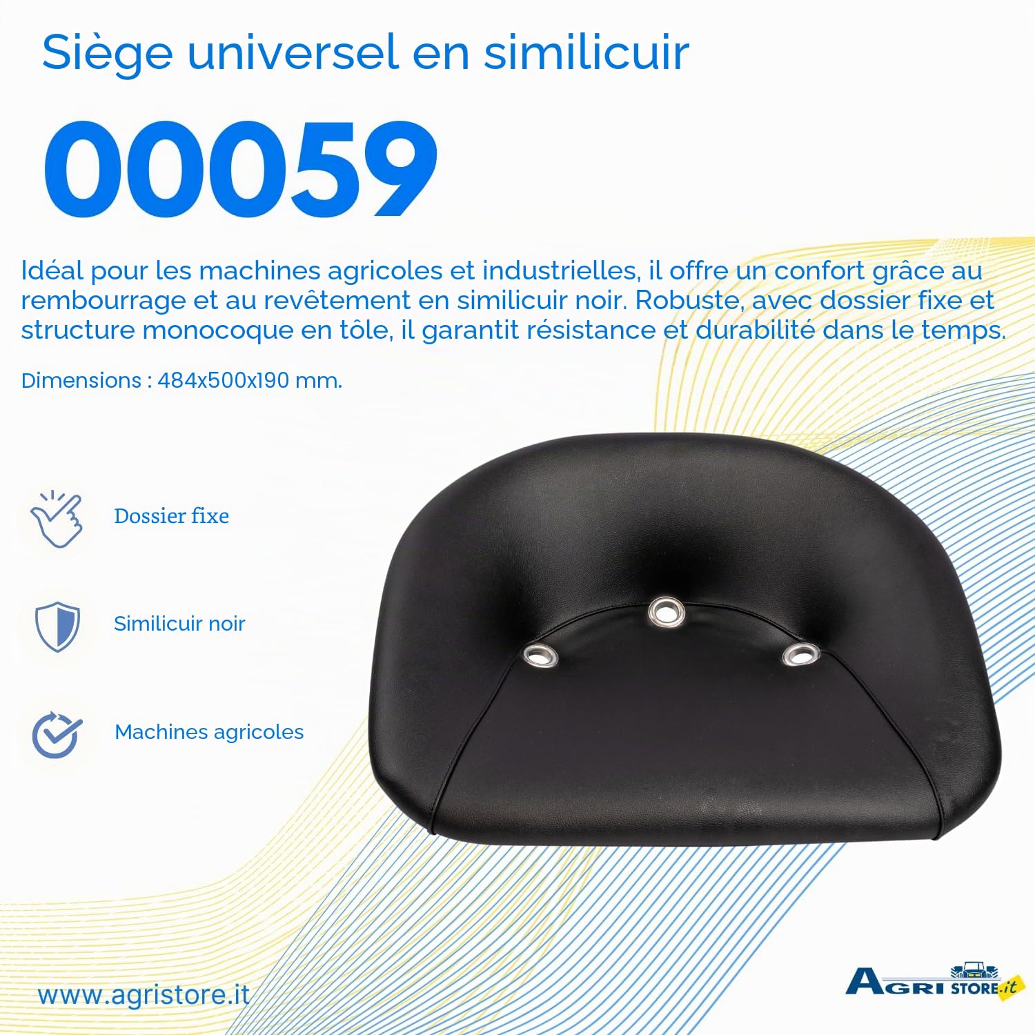 Siège Universel Ama en éco-cuir noir : Siège agricole avec dossier fixe, 484x500x190 mm, Made in Italy