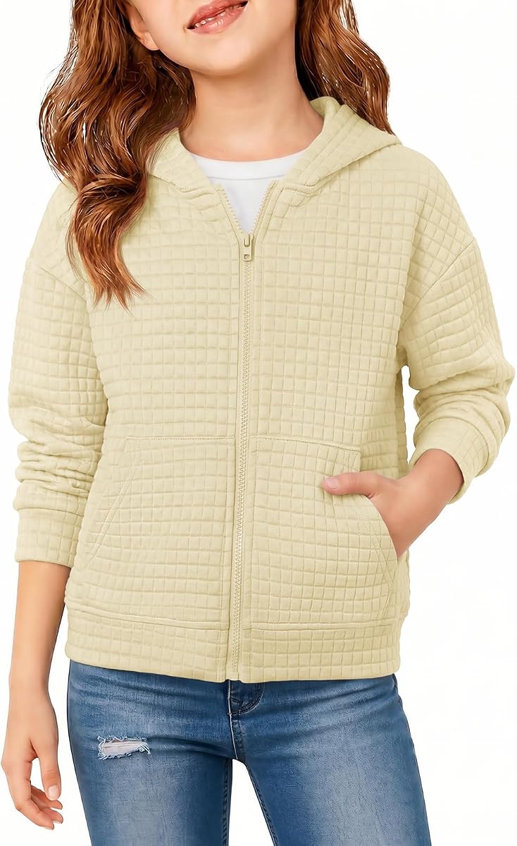 Haloumoning Girls Quilted Zip Up Hoodie Kids Fashion Long Sleeve Jacket | Lightweight Hooded Full Zip Sweatshirt with Pockets 5-14Y, Soft Breathable Fabric, School Casual Outfits, Fall Clothes