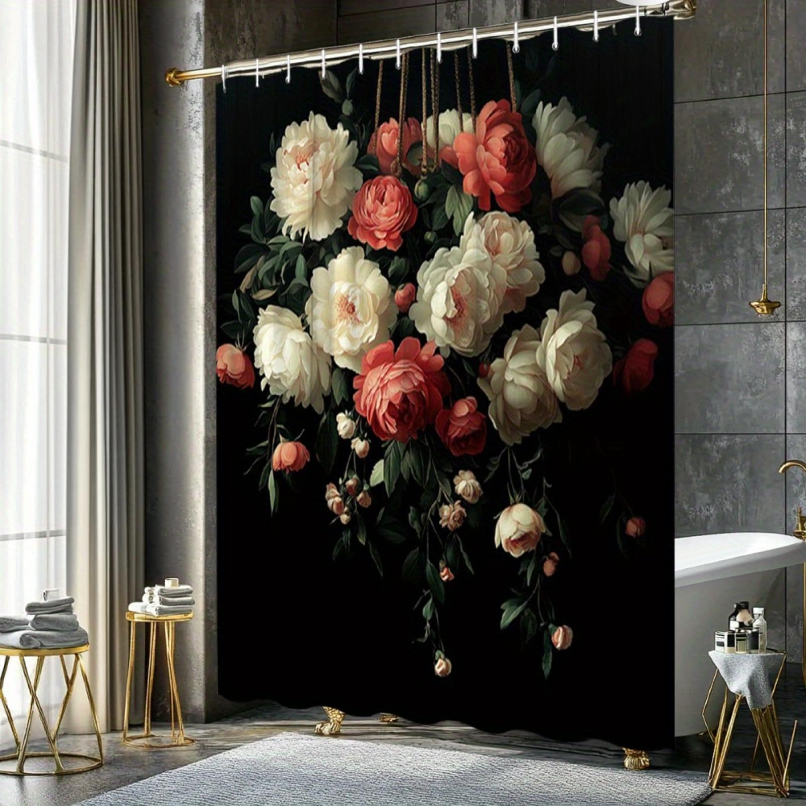 Rideau de douche noir floral aquarelle vintage 90x220cm pour salle de bain