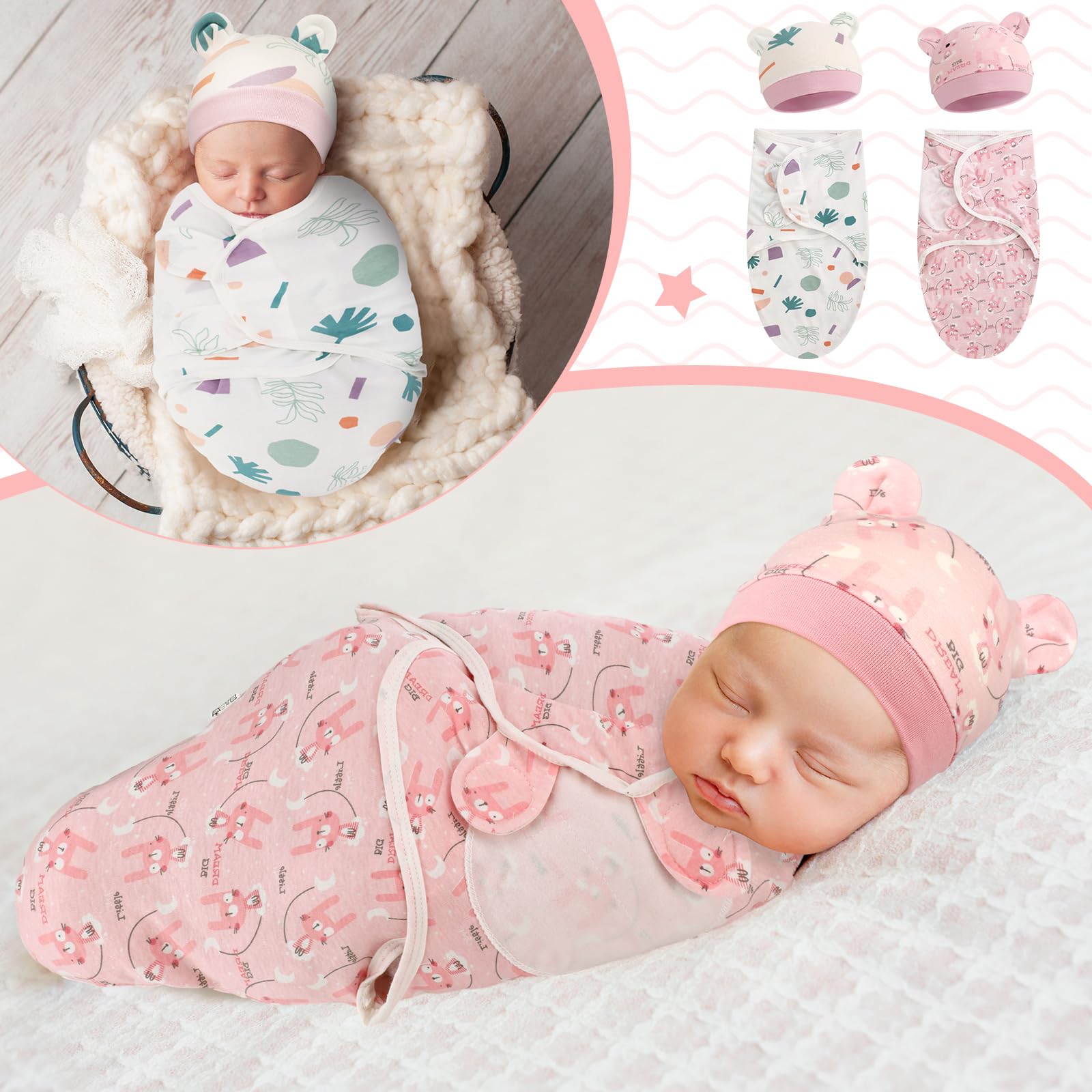 Namalu Preemie Wickeldecken-Set mit Mütze für Babys, Jungen und Mädchen, 1,4–3,2 kg, Frühchen, Neugeborene, Kleidung, Schlafanzug, Rosa, Boho, 4 Stück