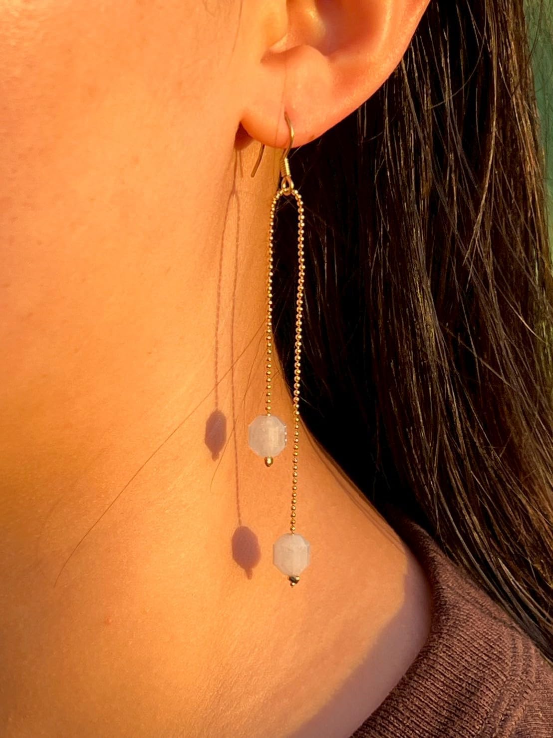 Handmade Lavender Amethyst & Aquamarine 18K Gold Knot Dangle Earrings – Lightweight Misty Powder Pink & Blue Jewelry for Women