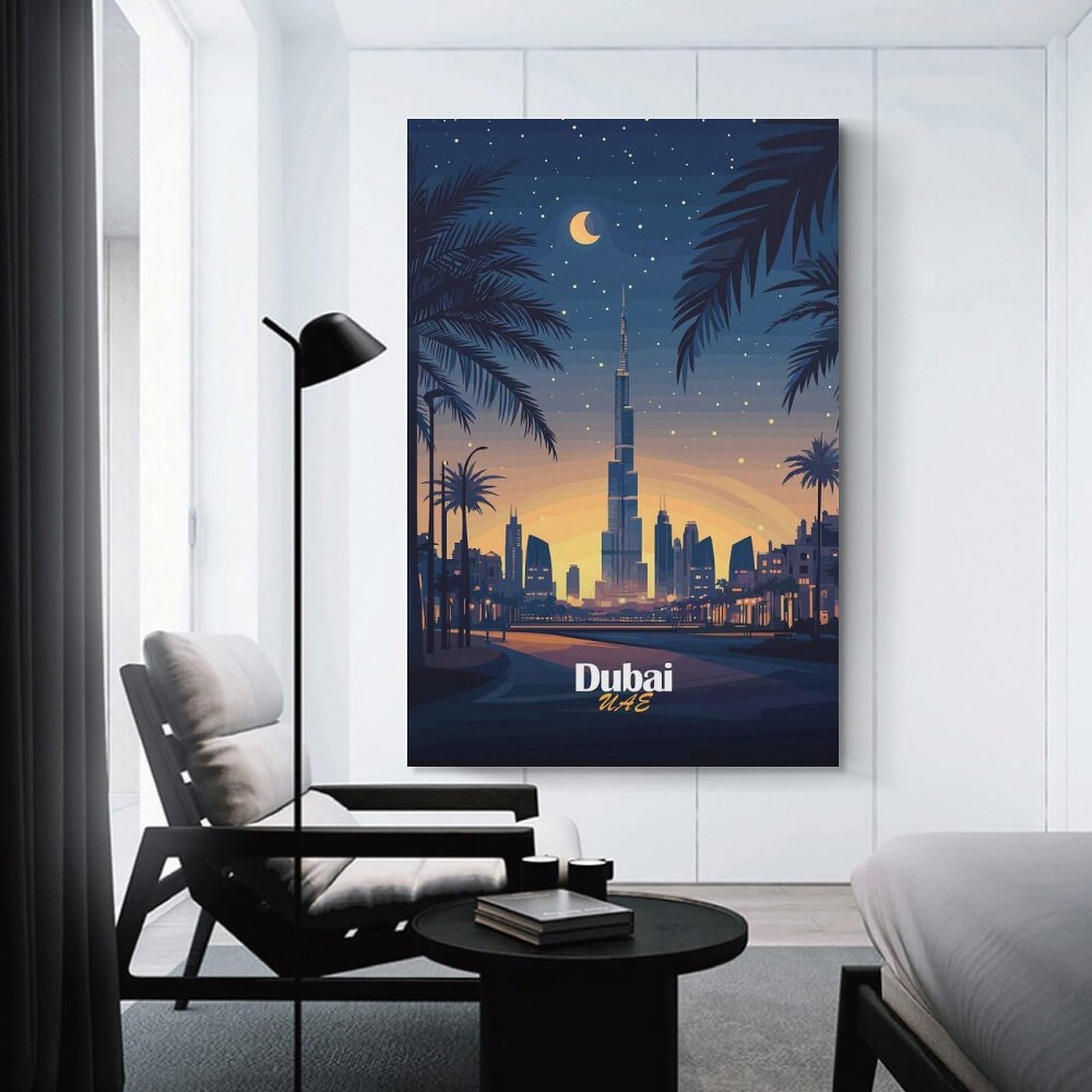 Junmoney Decorative Canvas Print Dubai Skyline at Night, 24x36inch(60x90cm), for Home Office, Desk Area Or Studio, Home Office Artwork with Decorative Appeal