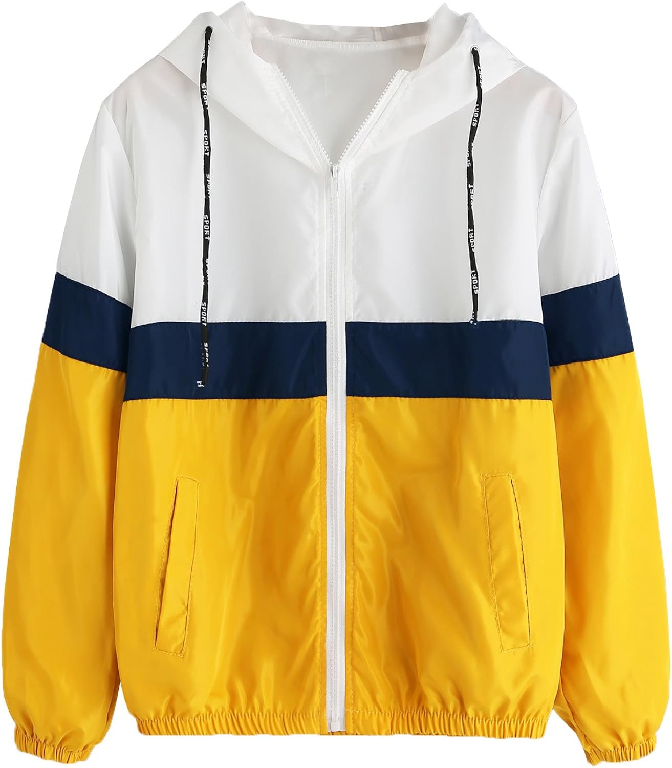 SweatyRocks Women's Casual Color Block Drawstring Hooded Windbreaker Jacket