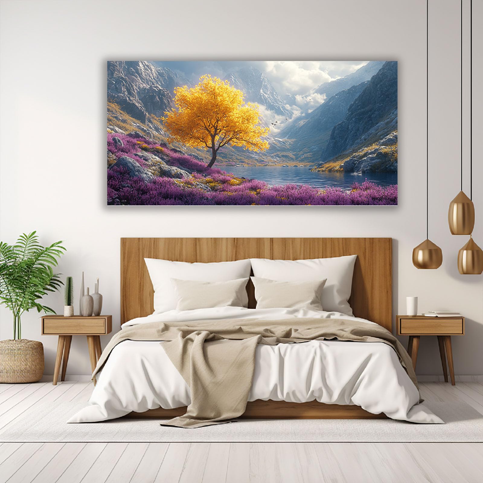 TERUEA Cuadros Decorativos Modernos Floral Brillante Árbol Amarillo Lago Flores Púrpuras Montaña Cuadros Decoracion Salon yoga femenino flor salud Lienzos decorativos（Amarillo-40x80cm Sin marco