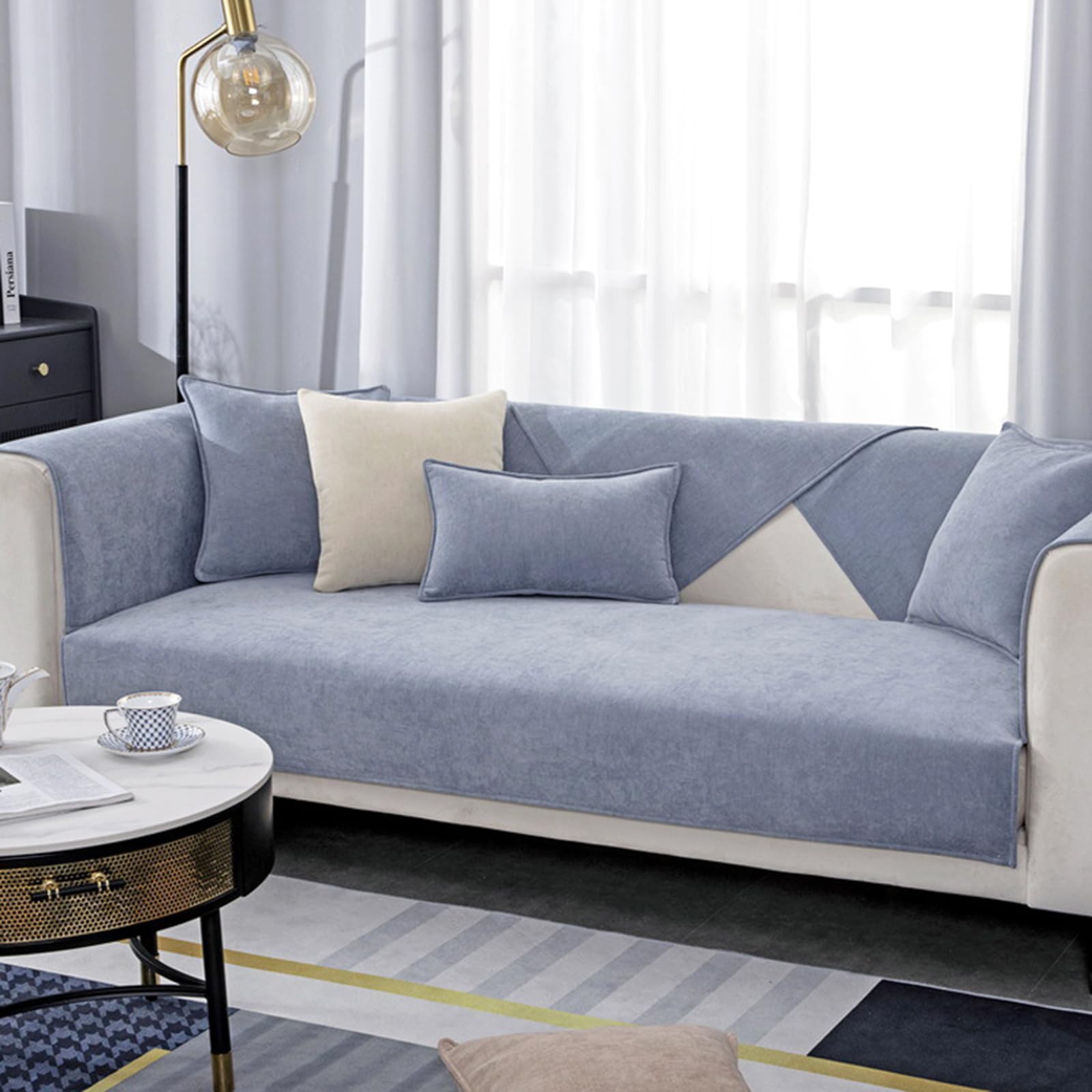 Housse de canapé antidérapante chenille bleu accoudoirs fixe