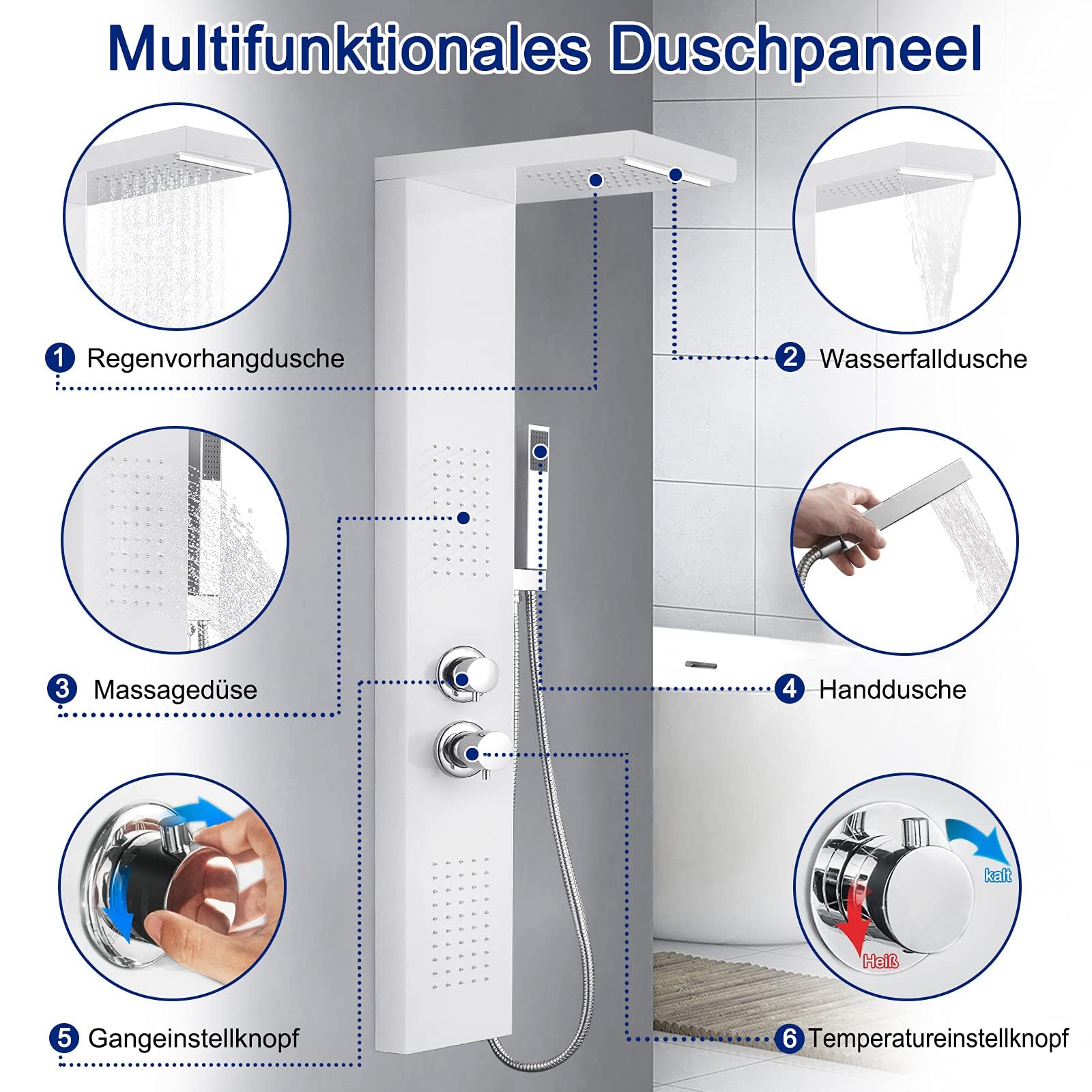 LZQ Sistema de ducha con sistema de ducha ajustable 4 en 1, barra de ducha de acero inoxidable 304, alcachofa de ducha con termostato, sistema de panel de ducha, color blanco