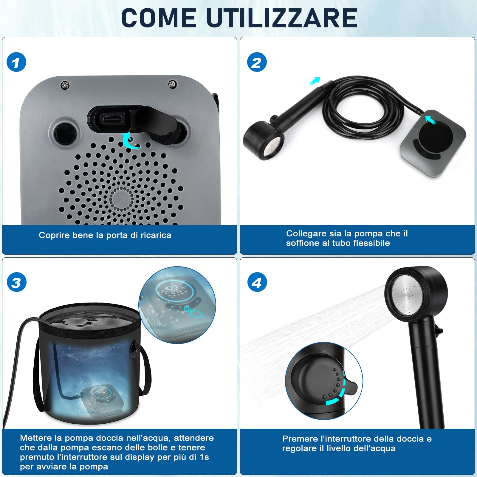 Zosudull Doccia Da Campeggio Portatile 8000 MAh Con Pompa E Filtro – Impermeabile IPX8, Per Escursioni E Animali!