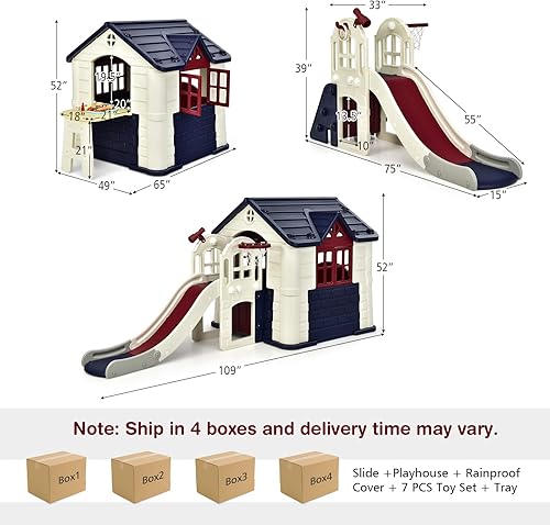 Miniatura 8 de Costzon Juego de casa de juegos y tobogán para niños, casa de juegos 7-1 al aire libre con puertas de trabajo, ventanas, mesa de picnic, juego de