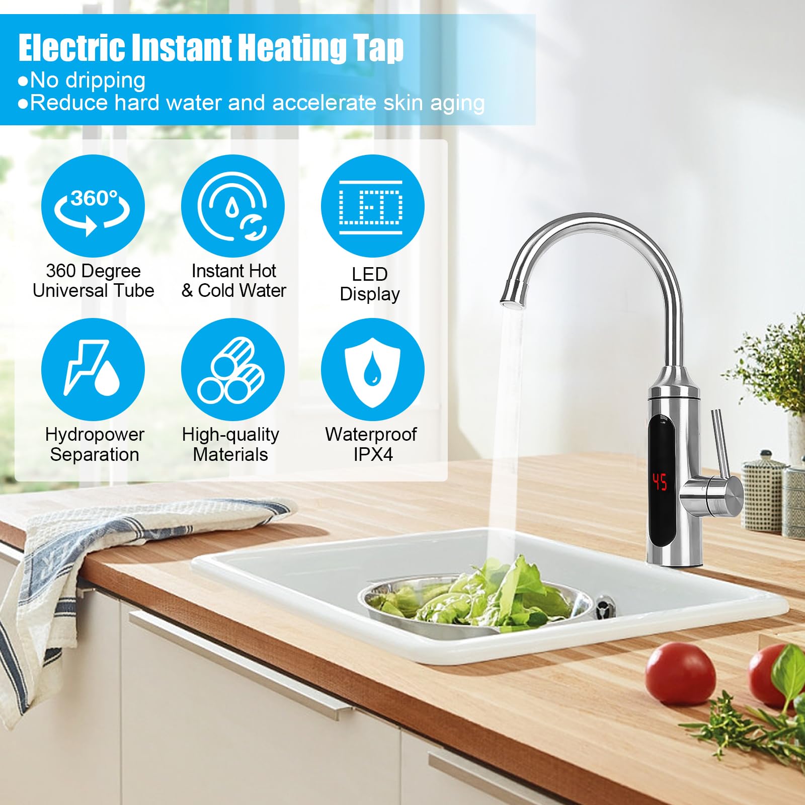 Robinet avec chauffe-eau instantané 3300 W, robinet de chauffage électrique, robinet de cuisine instantané, avec affichage de la température LED et pivotant à 360°