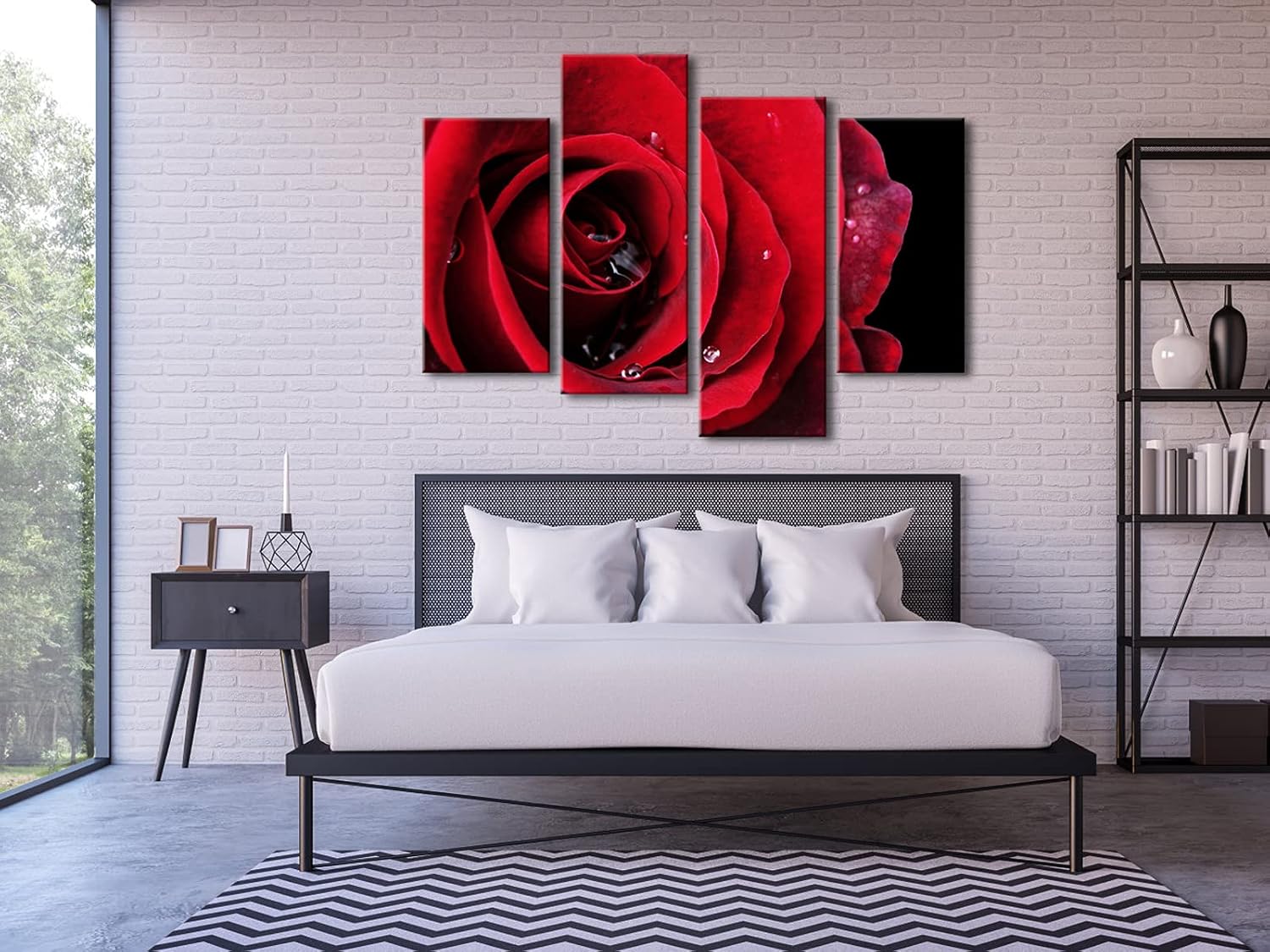 Wieco Art Red Rose on Black Large Modern Stretched and Framed Flowers Giclee Canvas Prints 4 Panels Floral Pictures Paintings on Canvas Wall Art Work for Living Room Bedroom Home Decorations