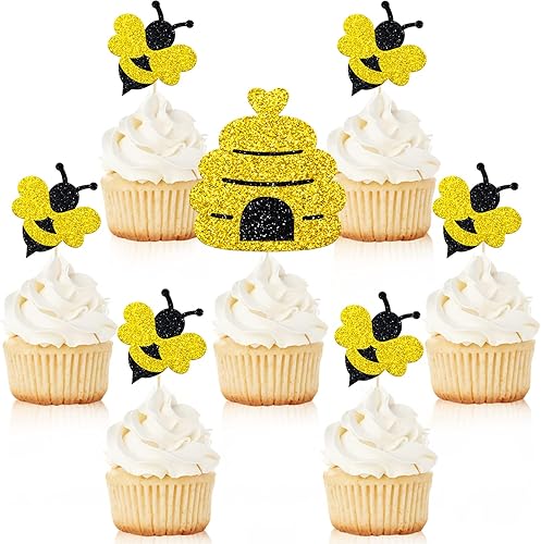 Whaline 64 piezas de decoración para cupcakes de abeja brillante con palillos, punta de pegamento, color amarillo y negro con purpurina de abeja,