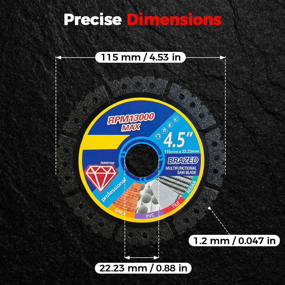 4.5" Diamond Multi-Purpose Saw Blades - Heavy Duty Angle Grinder Discs for Cutting Marble/Quartz/Stone/Tile/Metal/Plastic (5)