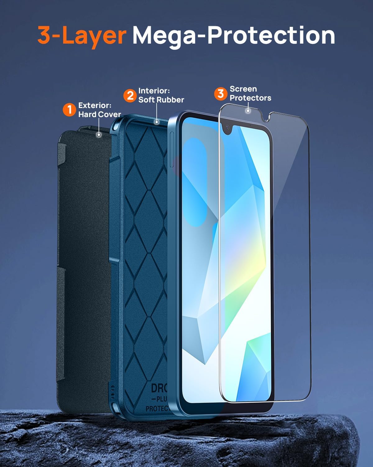 Lanhiem for Samsung Galaxy A16 Case with 2 Tempered Glass Screen Protector, Shock Absorption, Anti-Scratch Shockproof Case Cover for A16 5G, Blue