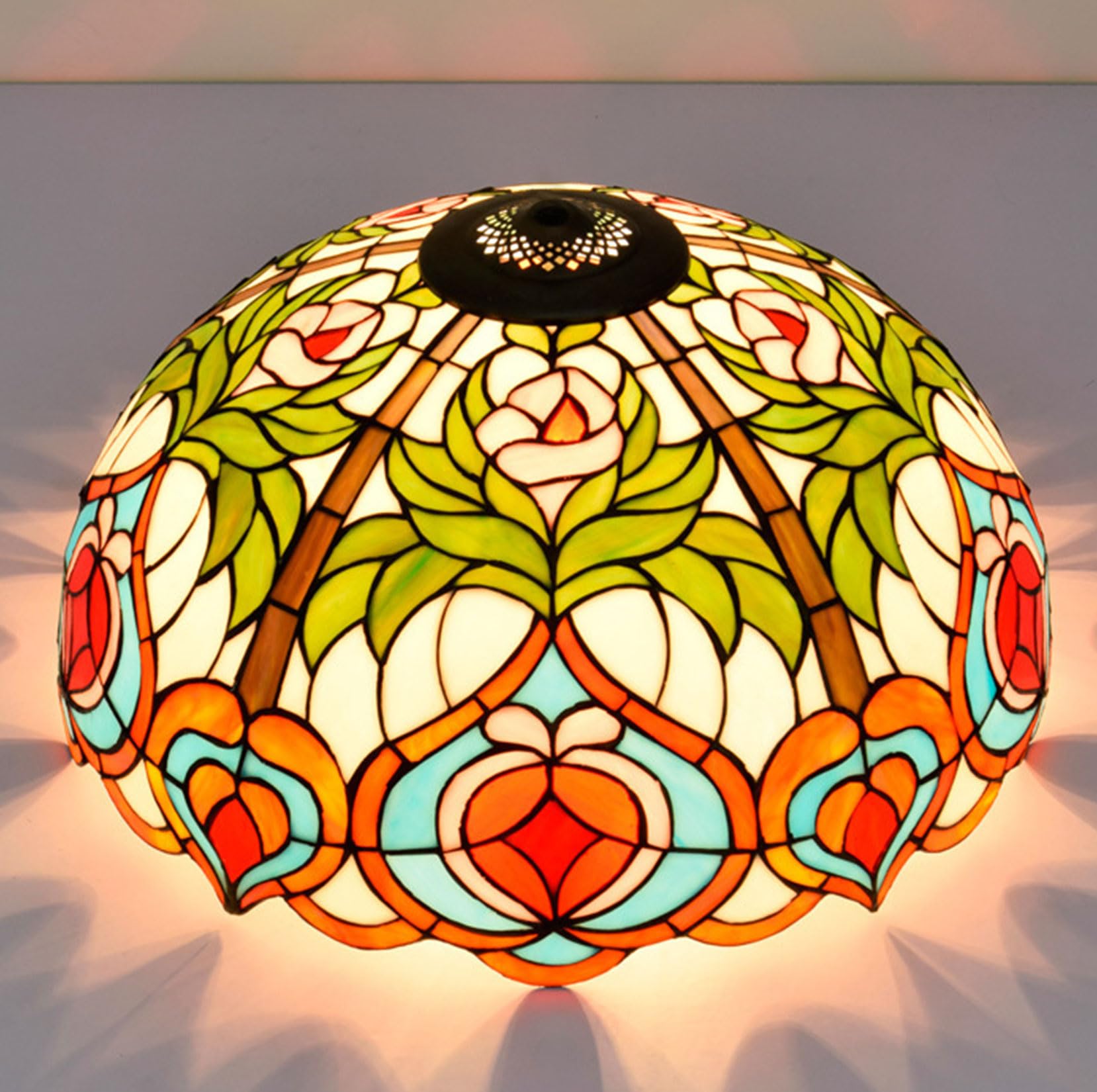 SaryEdge Tiffany Lamp Shade Replacement Only 20" Stained Glass Baroque Rose Dragonfly Grape Lily Peach Lampshades, Vintage Red Orange Colorful Light Cover for Table Lamp Pendant Light ，Peach