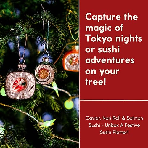 Miniatura 4 de Juego de 3 adornos de sushi de vidrio soplado a mano, salmón, caviar y rollo de nori, bonitos adornos de comida para árbol de Navidad, adornos de