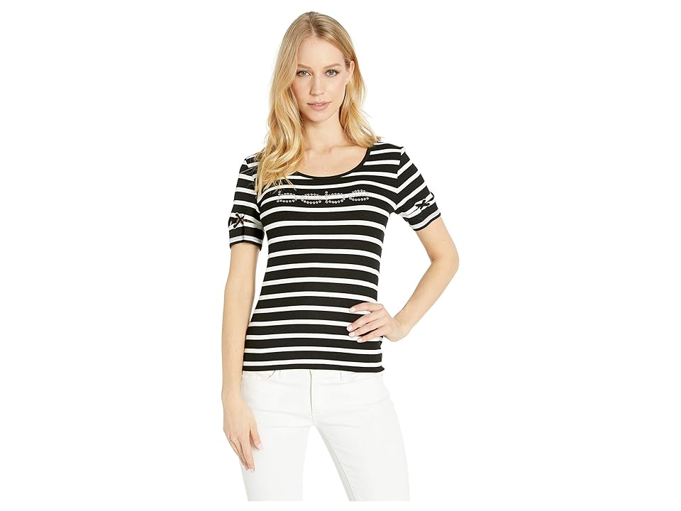 

Bebe Grommet Sleeve Logo Tee (Black/White St) Women's T Shirt