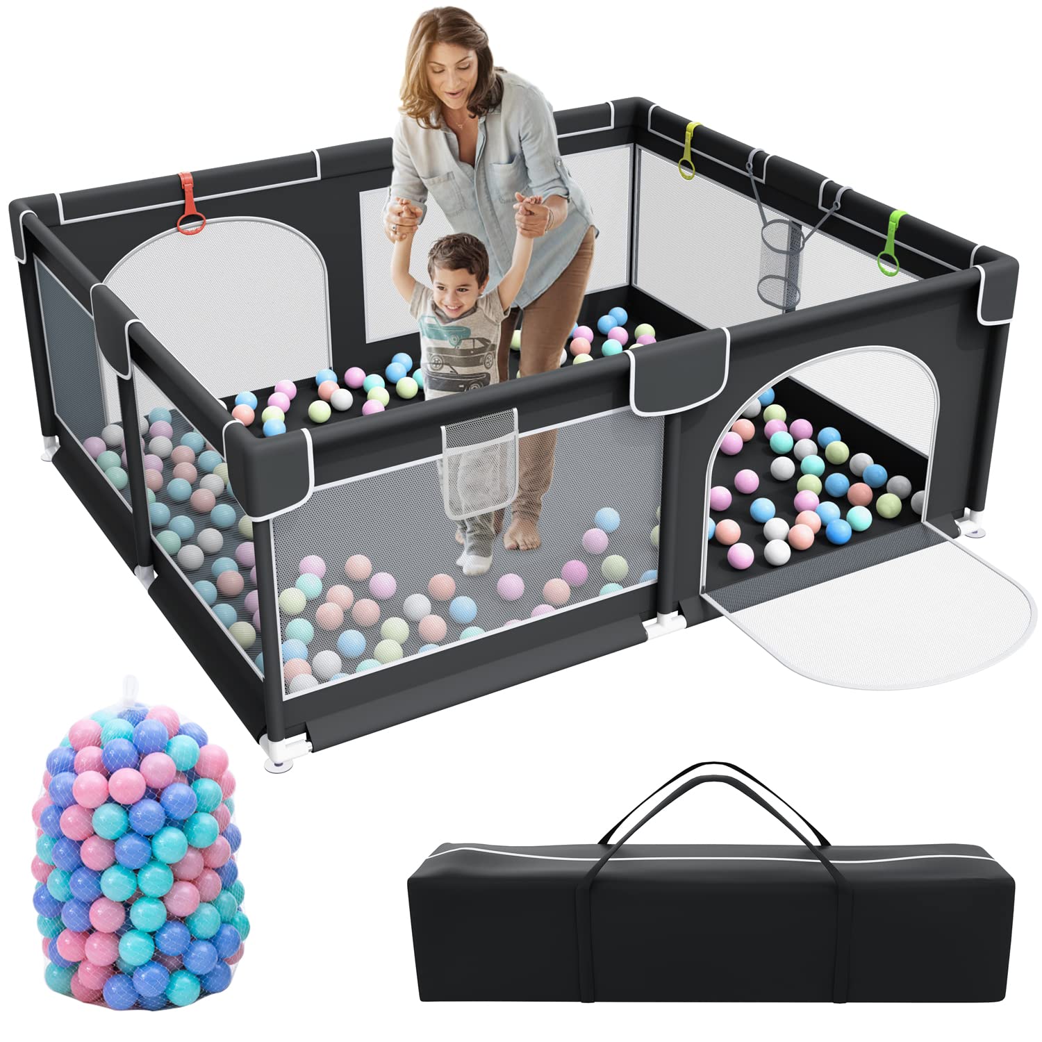Baby Playpen, 79 x 63 Inches Extra Large Playpen with 50 PCS Ocean Balls, Indoor & Outdoor Kids Activity Center, Infant Safety Gates with Breathable Mesh,Sturdy Play Yard for Babies and Toddlers Black