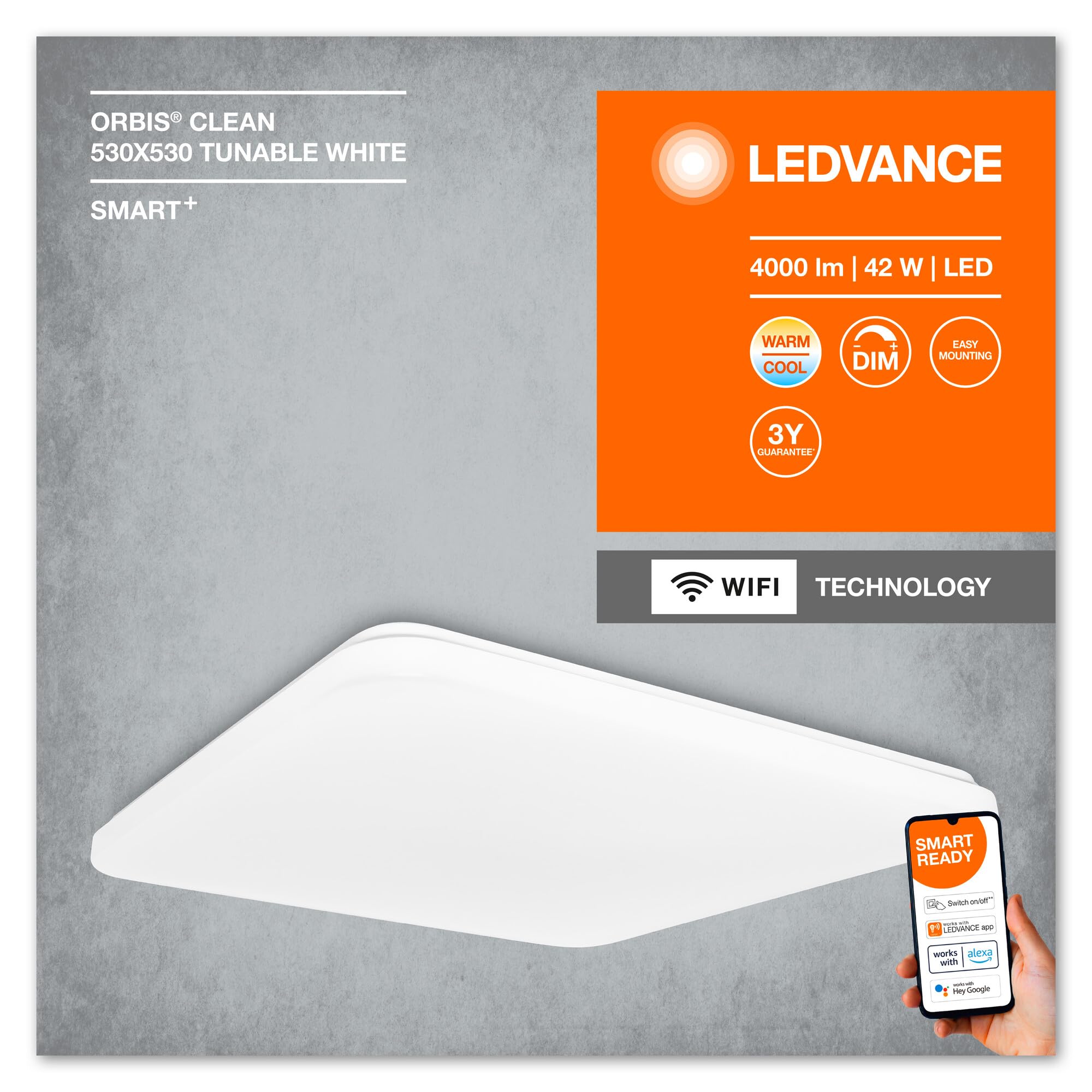LEDVANCE Apparecchio di illuminazione: per soffitto, DECORATIVE CEILING WITH WIFI TECHNOLOGY / 42 W, 220…240 V, 3000…6500 K, materiale del corpo: steel, IP20