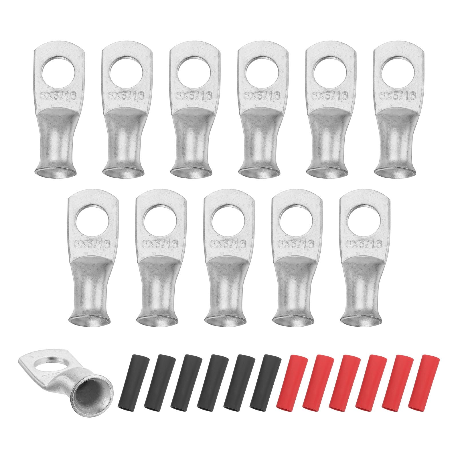 sourcing map 12pcs 4 AWG M8 Battery Lugs Ring Terminals, 5/16" 8mm Stud Crimp Wire Terminal Connector End Copper, 3:1 Heat Shrink Tubing, Silver