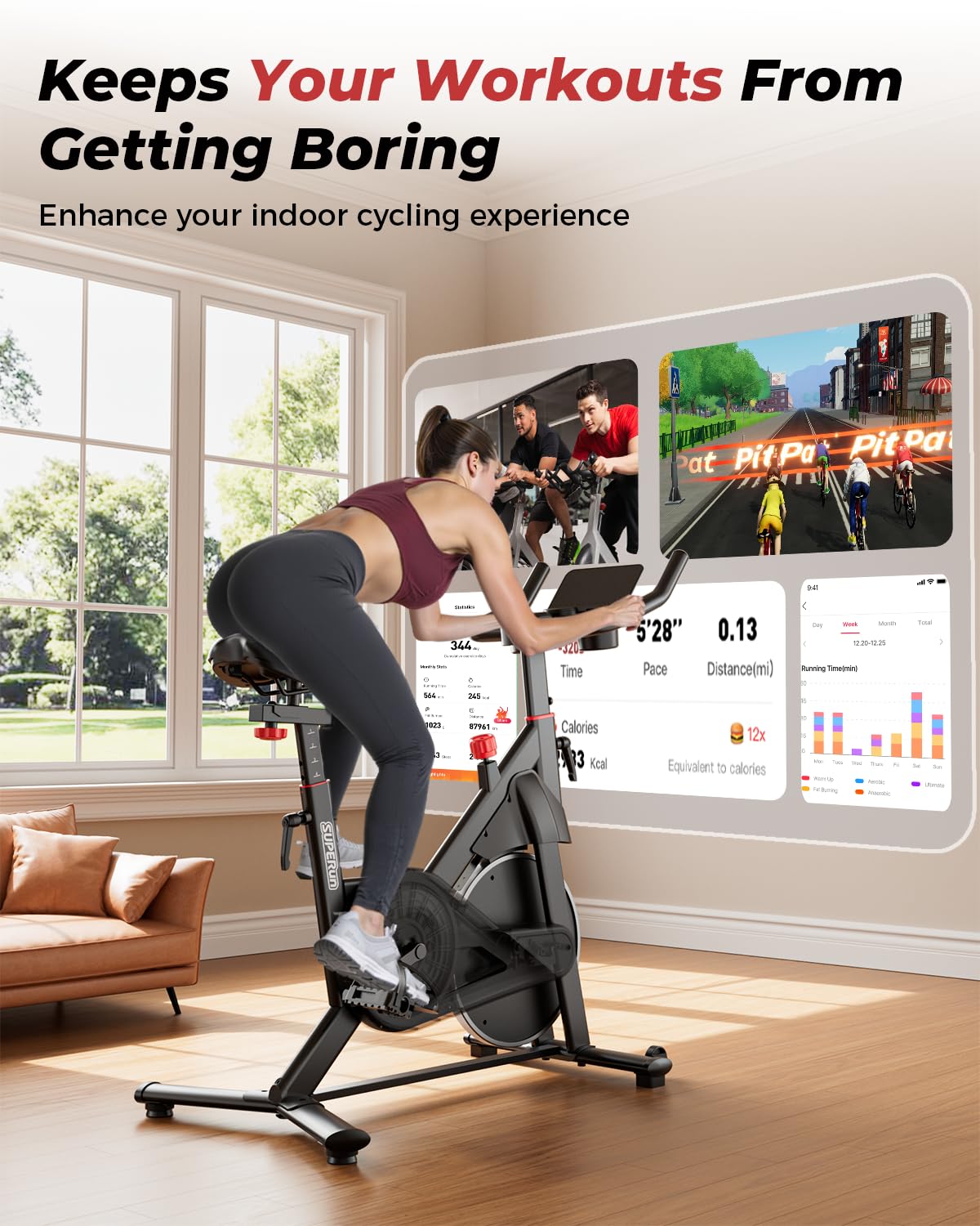 Superun Cyclette con Resistenza Magnetica Regolabile, Bicicletta Spinning per Casa con Display LCD, APP e Monitoraggio Dati, Cyclette Statica Portata 136 kg