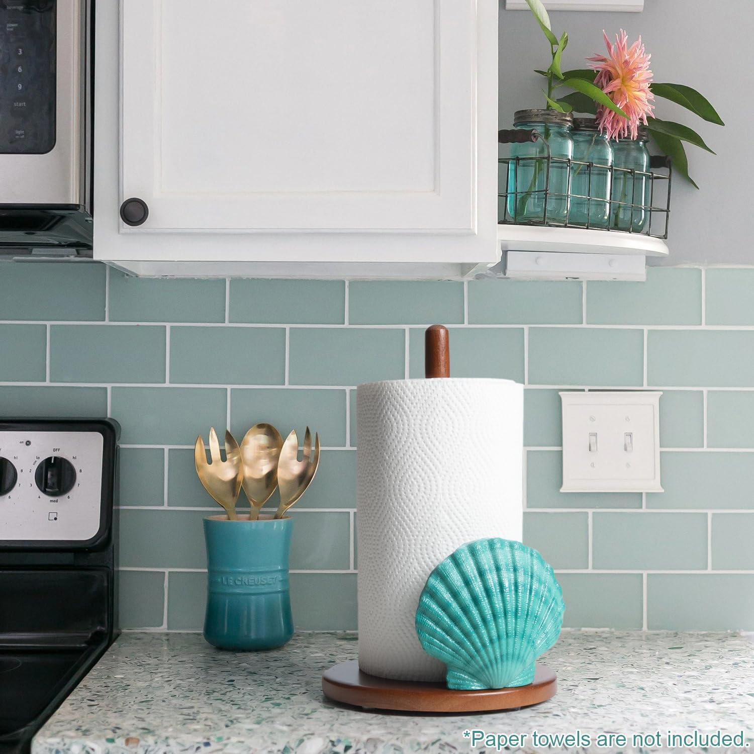 Seashell Paper Towel Holder - Teal Kitchen Beach House Decor Ocean Themed Decor Coastal Gifts for Women Cute Counter Paper Towel Holder Stand Wood Unique Funny Nautical Countertop Decorative Sea Shell