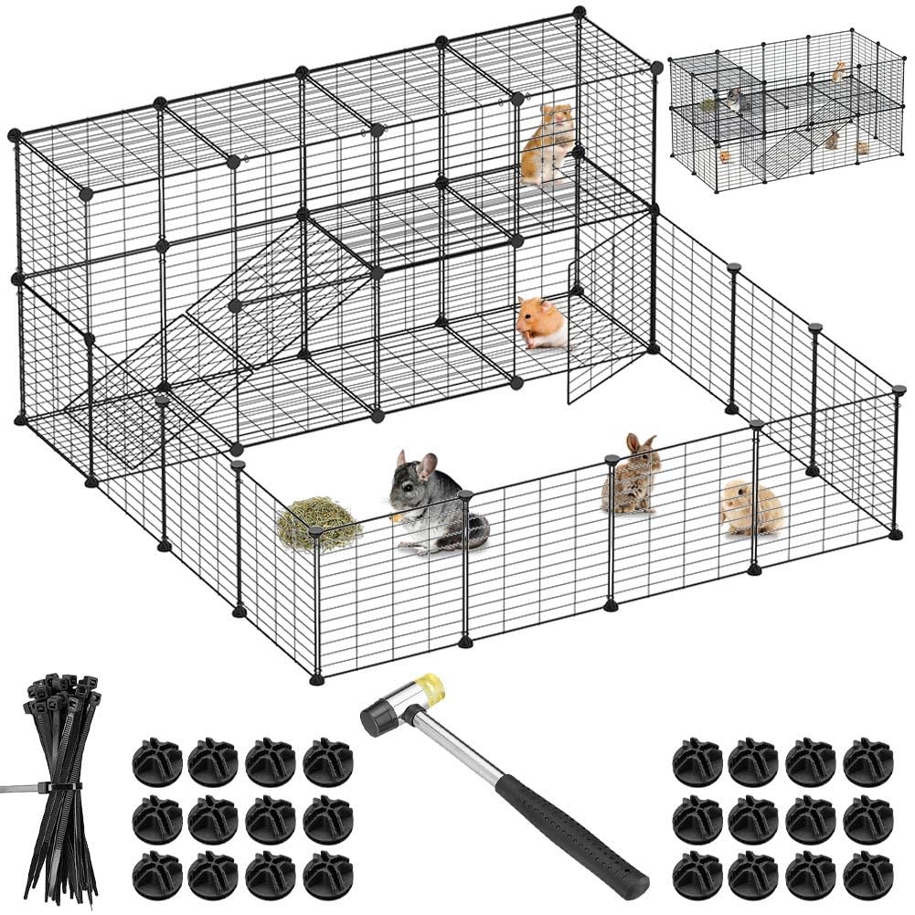 BAKAJI Small Animal Enclosure Personalised Metal Modular Fence for Guinea  Pig Hamster Rabbit Chinchilla Indoor Outdoor (143 x 71 x 46 cm, Tiers)