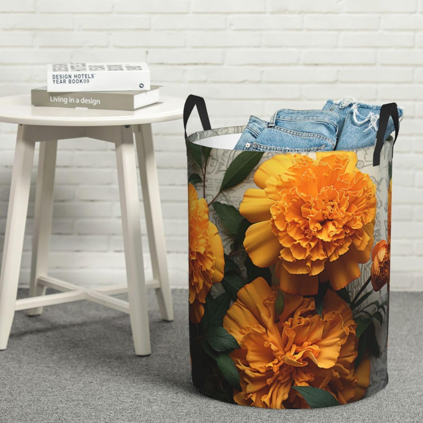 Fodpand Black Marigold Laundry Basket With Handle, Freestanding Laundry Hamper, Collapsible Dirty Clothes Hamper, Waterproof Fabric Blanket Storage Basket Tall Toy Storage Bin Room Decor Medium