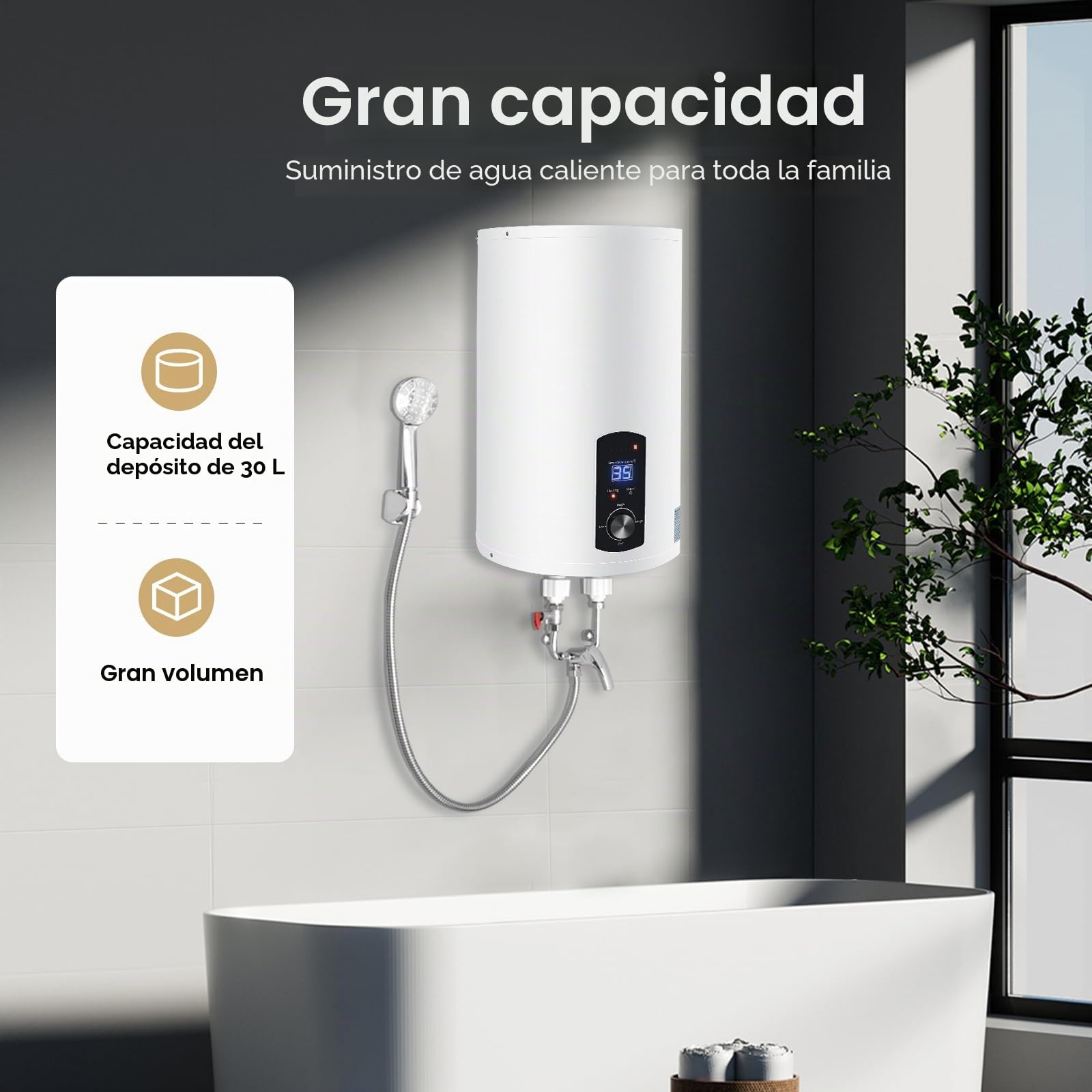 Calentador de agua eléctrico horizontal agua con grifo, ducha de mano y 3 mangueras, 25 – 75 ℃, para cocina y jardín