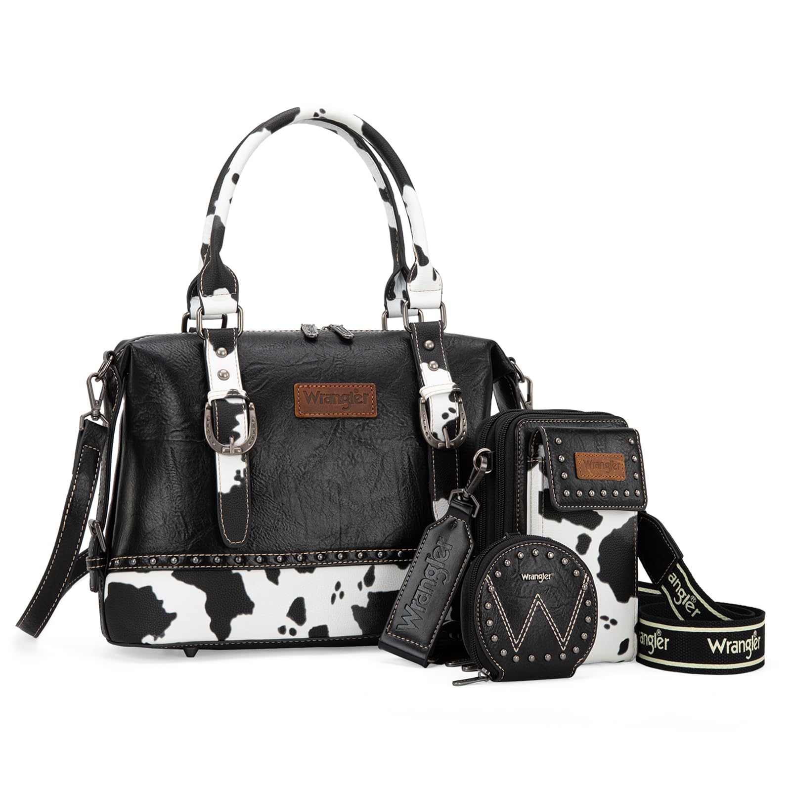 Wrangler Arzttaschen-Set für Damen, Top-Griff, Umhängetasche mit Handy-Handtaschen und Münzbörse, 3-teilig, Schwarzes Kuhmuster