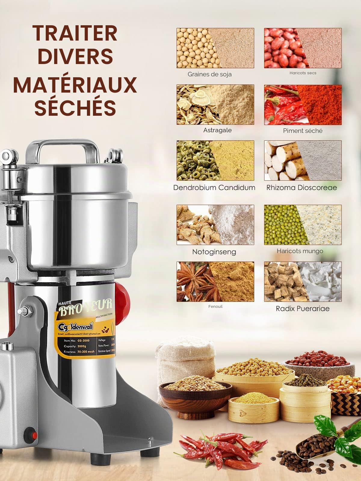 CGOLDENWALL 700g Moulin à Céréales Grains Électrique Ultrafin Broyeur à Épice pour Maïs/Café/Riz 28000RPM Haute Vitesse avec Open-Cover-Stop, Minuterie Contrôle, 2400W Commerciale Moteur