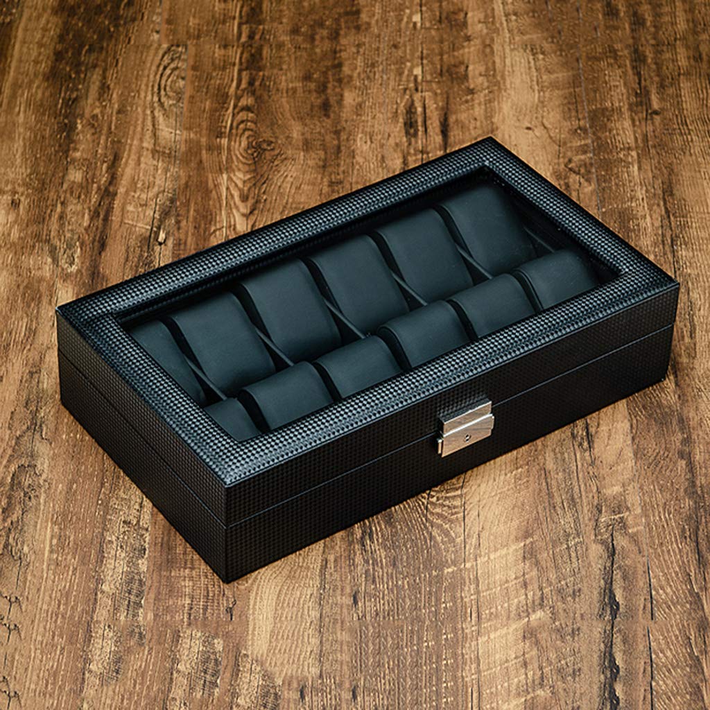 Caja de almacenamiento de relojes para hombres / mujeres Caja de joyería de fibra de carbono con 12 ranuras con almohadas suaves Relojes de pulsera con cerradura Organizador de exhibición de pulseras