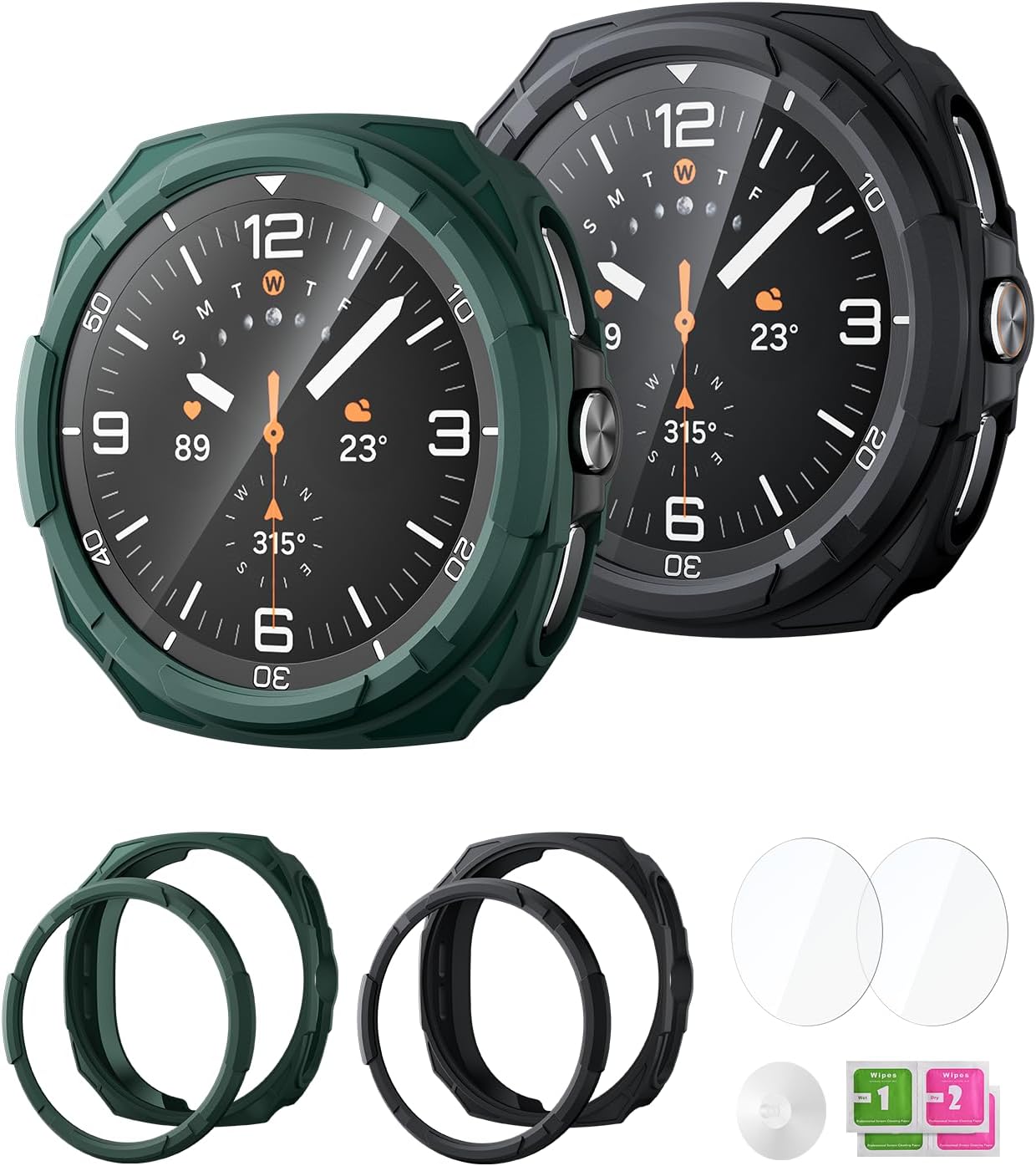2PACK Rugged Bezel Case for Samsung Galaxy Watch 8 Classic Screen Protector 46mm - Durable TPU Bumper Face Cover + 2 Tempered Glass Film for Galaxy Watch 8 Classic Accessories