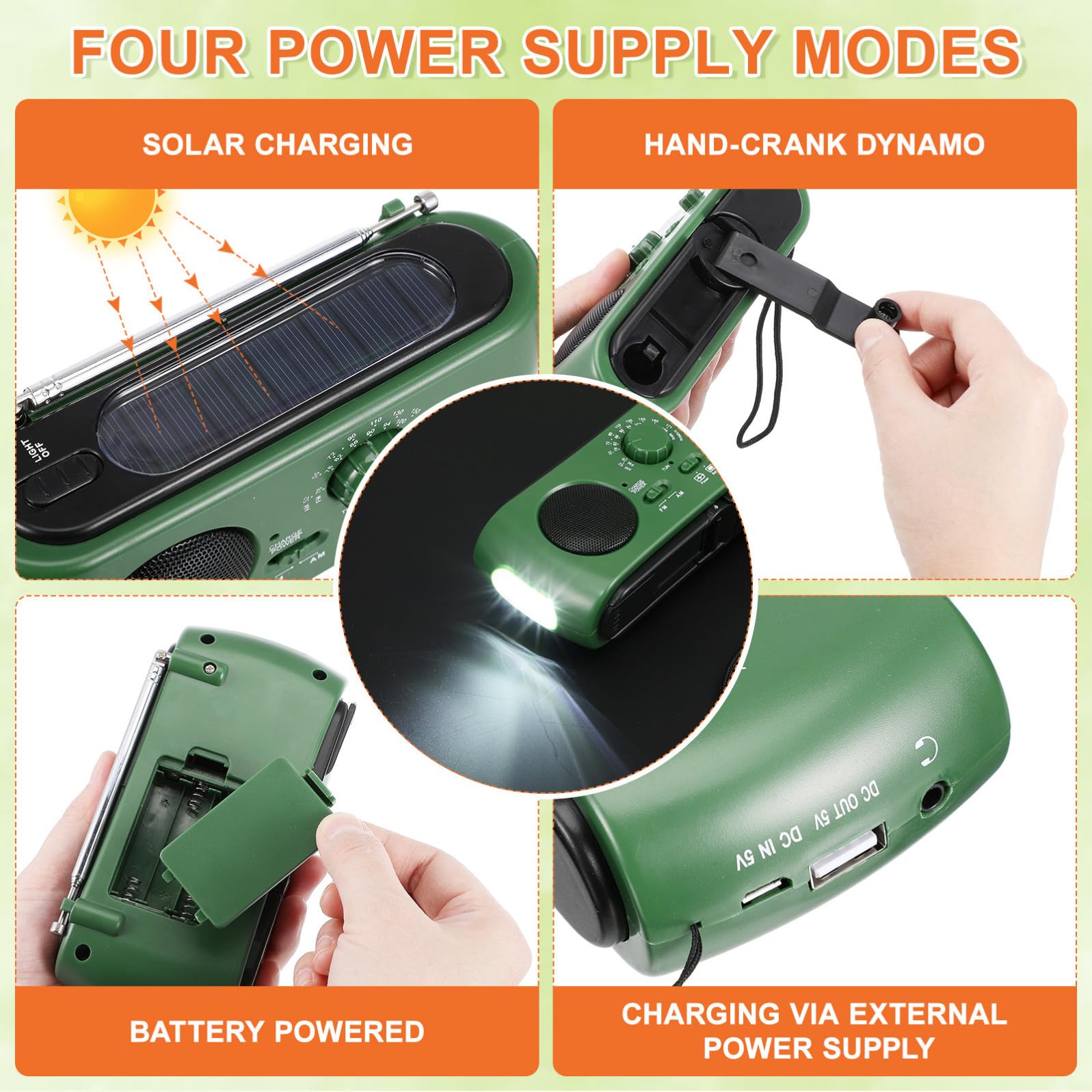 Housoutil Radio Solar De Emergencia con Manivela, Radio De Emergencia Portátil Solar con Manivela con Linterna LED Y Cargador USB, Multifunción Grabadora para Camping Y Supervivencia